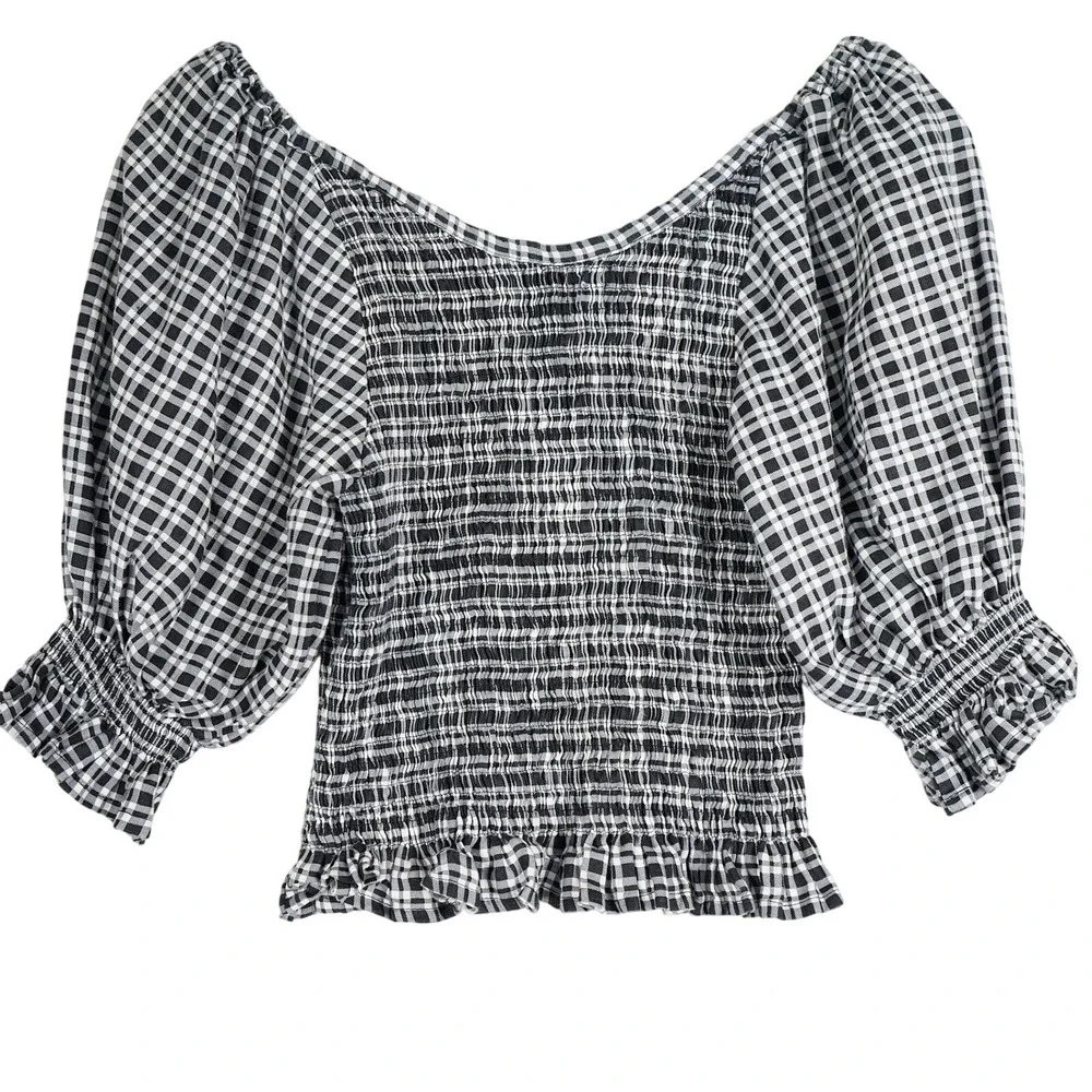 Faithfull The Brand Black White‎ Gingham Linen Smocked Puff Sleeve Blouse S